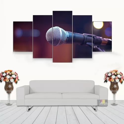Quadro Decorativo Microfone Com Luzes 115x60 5 Peças N05
